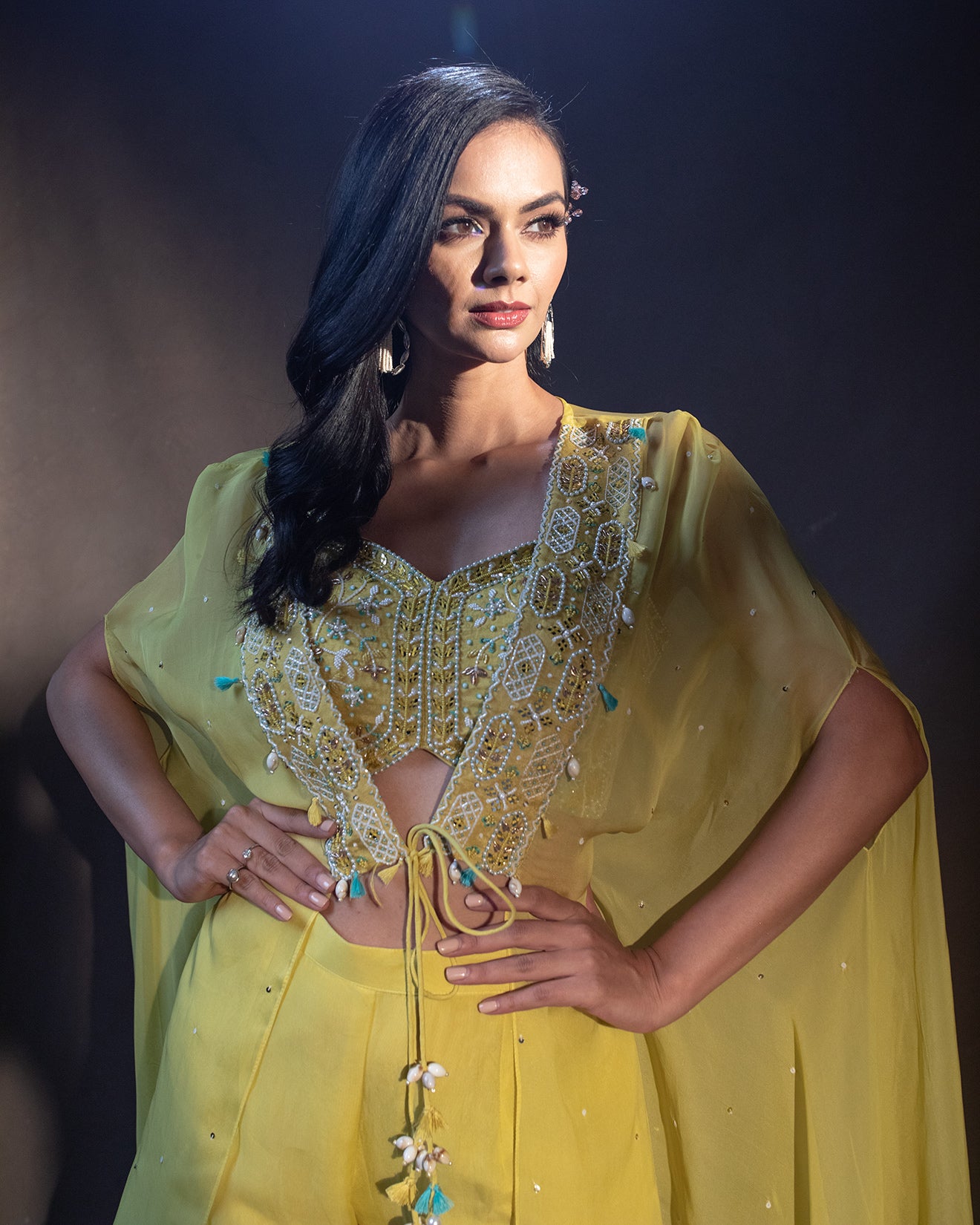 Lime Yellow Embroidered Festive Fusion Set
