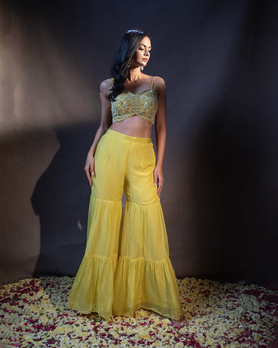 Lime Yellow Embroidered Festive Fusion Set