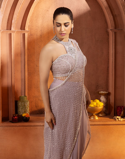 Mauve Taupe Pre-Stitched Cocktail Saree