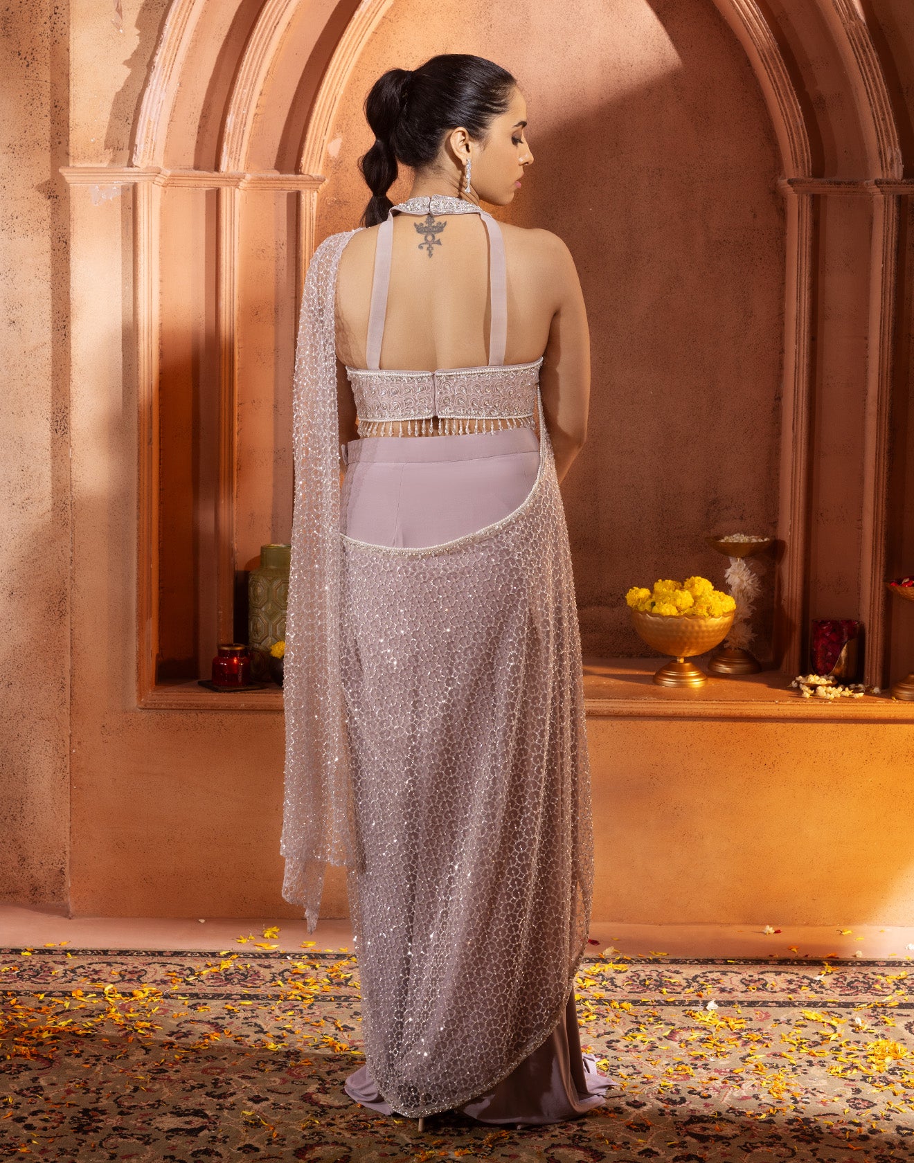 Mauve Taupe Pre-Stitched Cocktail Saree