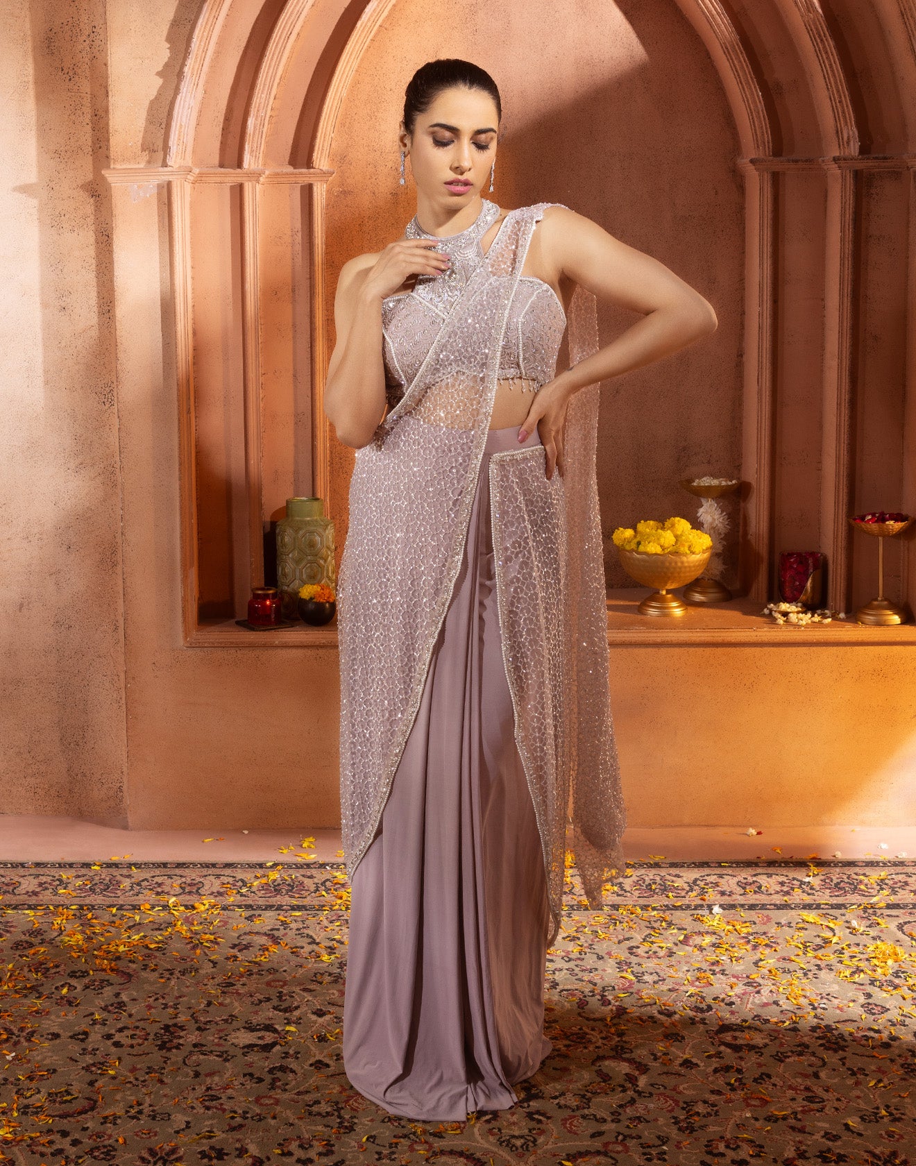 Mauve Taupe Pre-Stitched Cocktail Saree