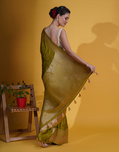 Mehendi Green Self Woven Silk Saree