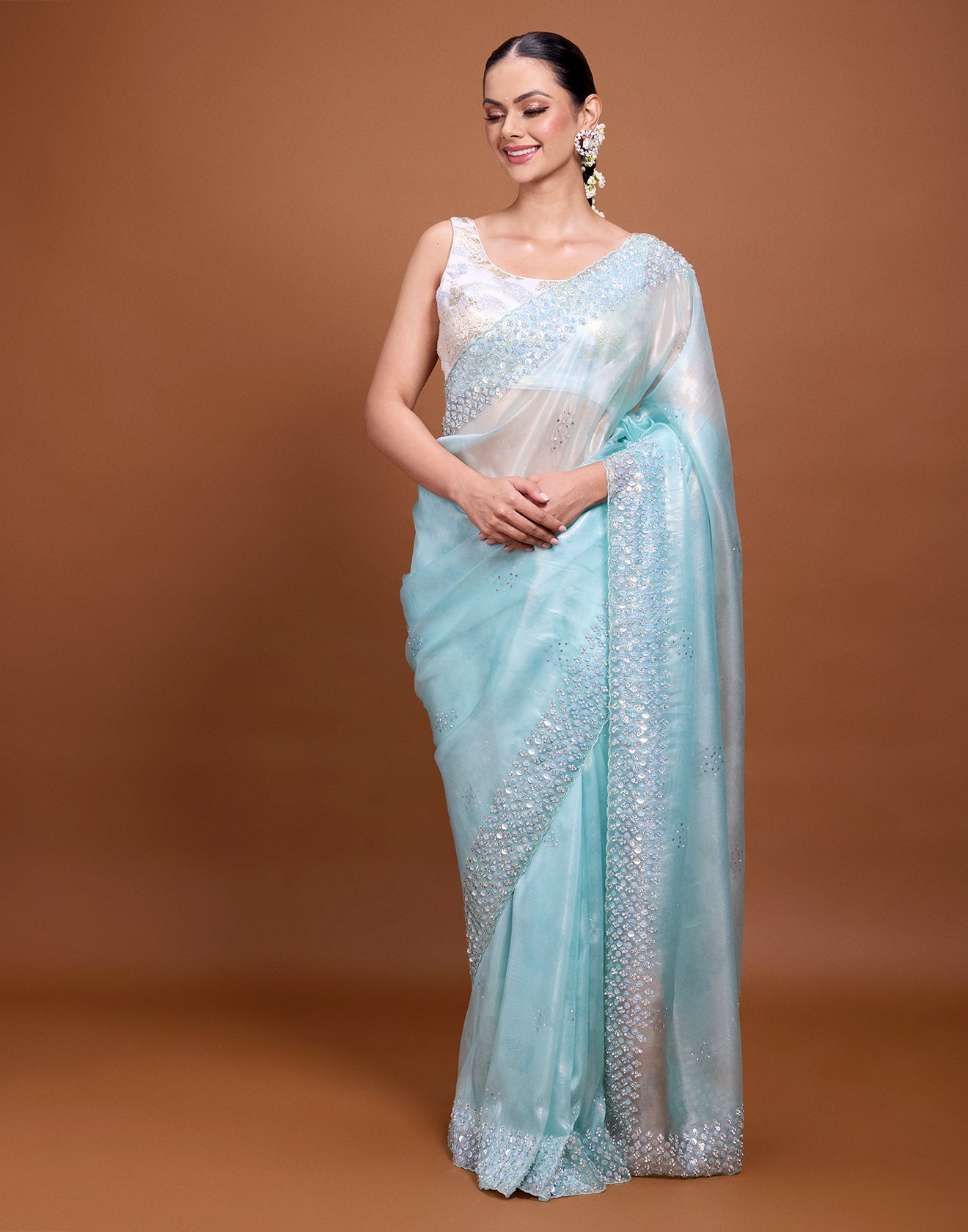 Mermaid Green Shimmer Organza Embellished Saree