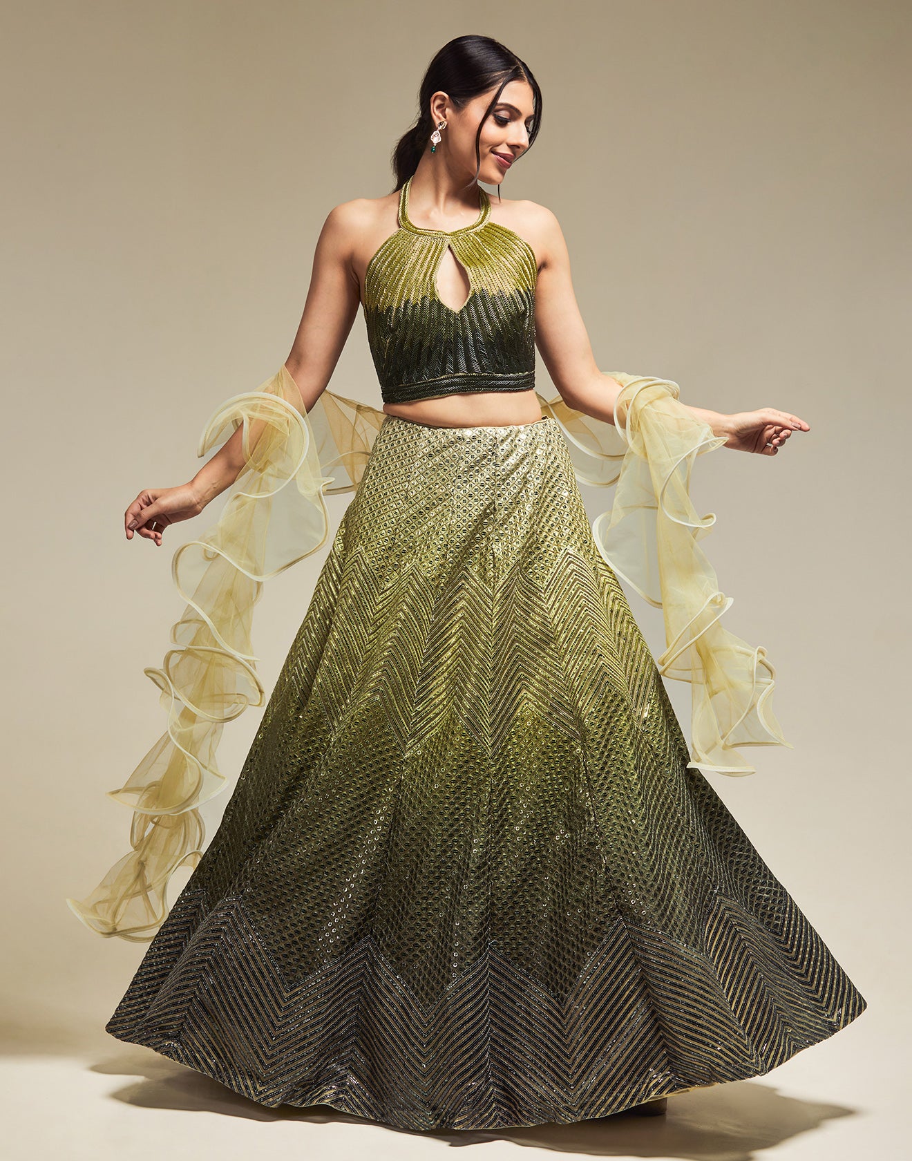 Metallic Green Appliqué Lehenga Set