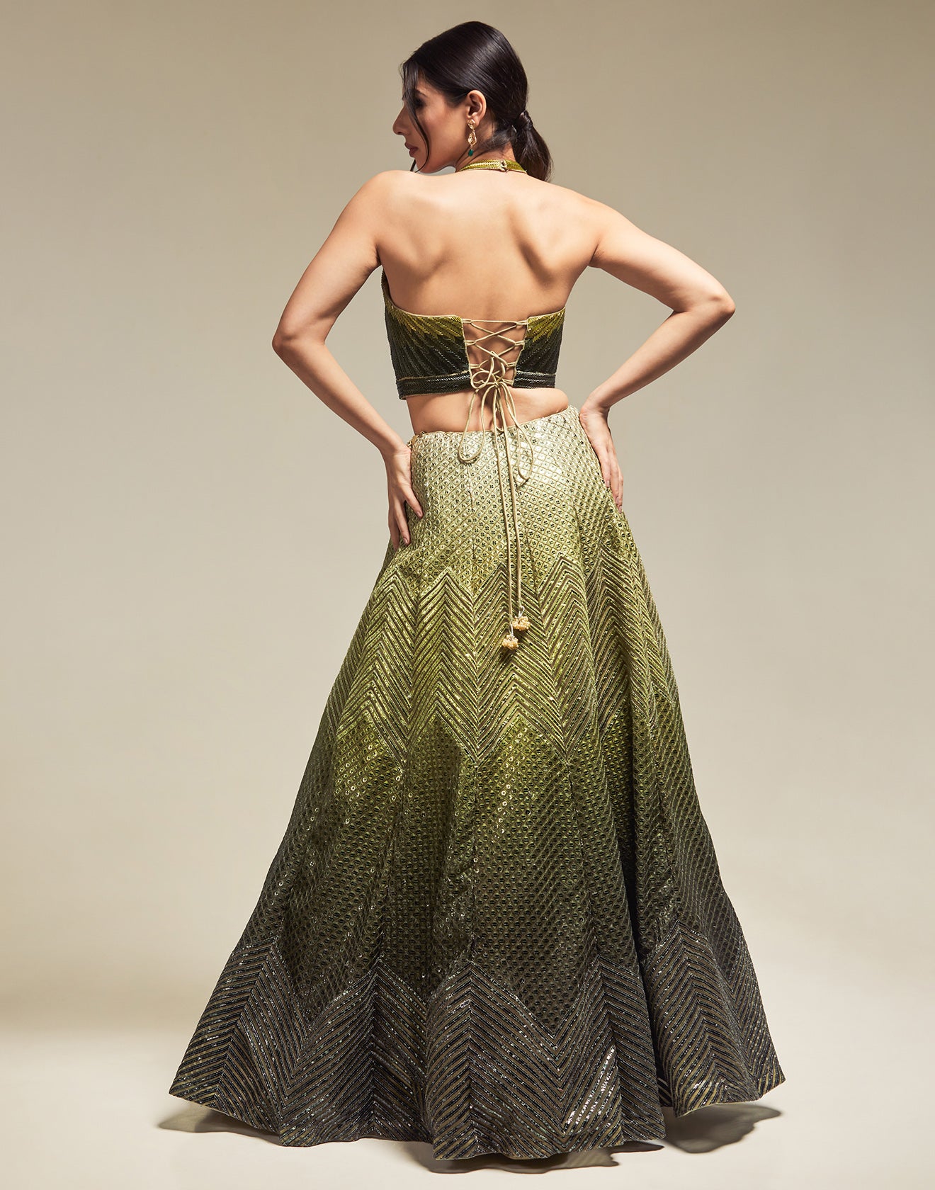 Metallic Green Appliqué Lehenga Set