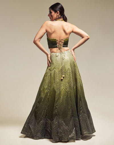 Metallic Green Appliqué Lehenga Set