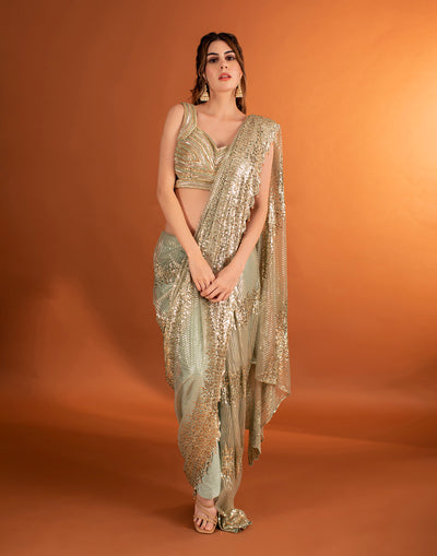 Metallic Green Dazzling Pre-stitched Saree
