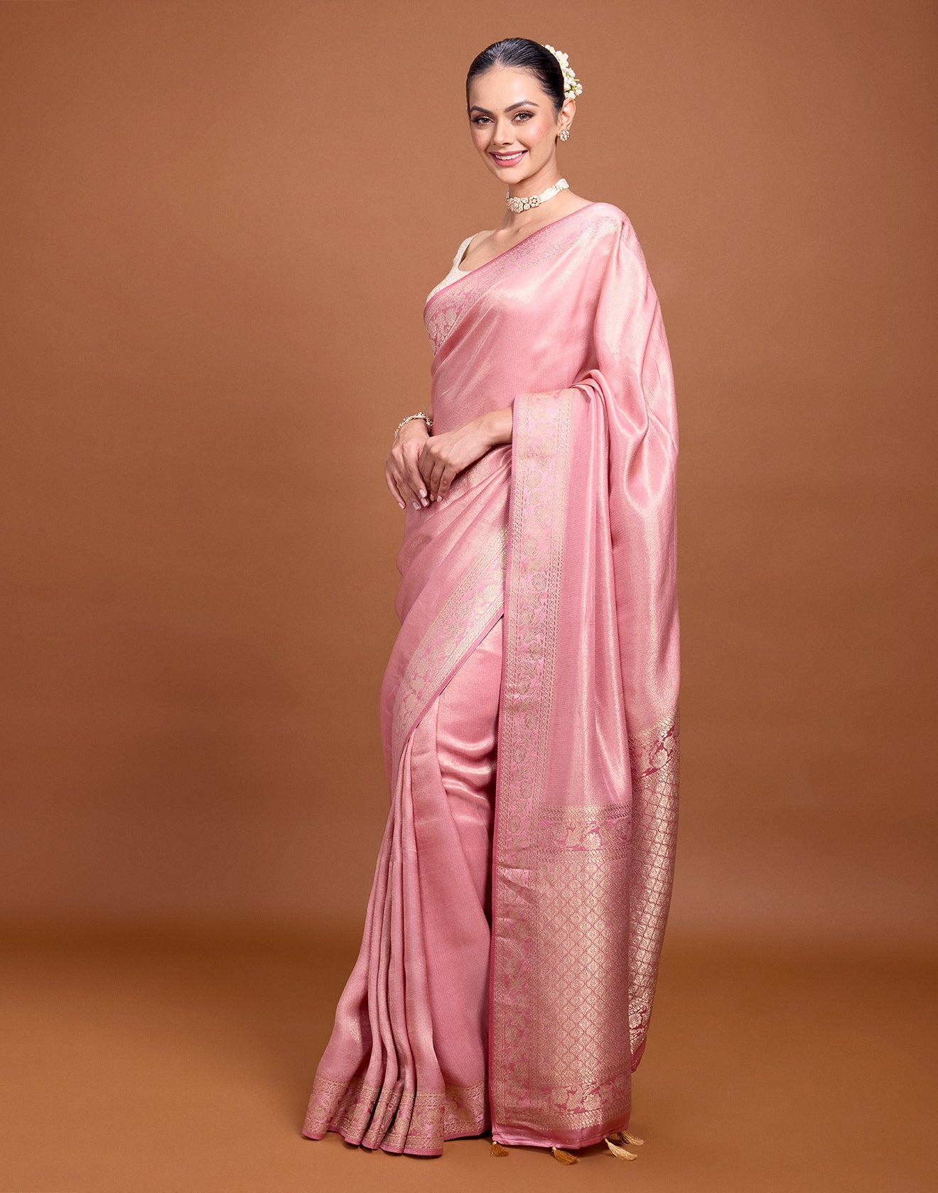 Metallic Mauve Floral Border Silk Saree