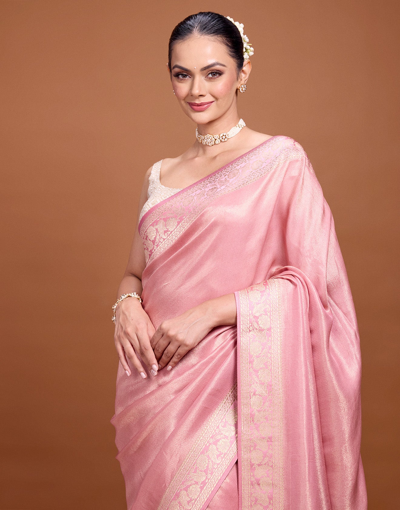 Metallic Mauve Floral Border Silk Saree