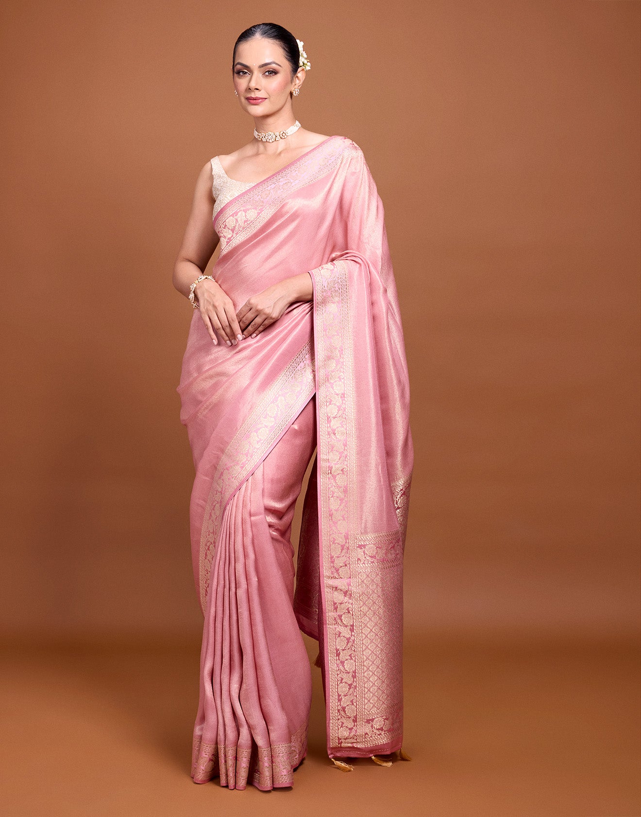 Metallic Mauve Floral Border Silk Saree