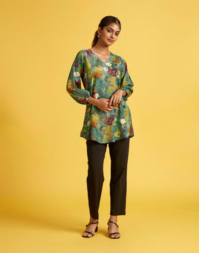 Mid-Green Floral Printed Crepe Tunic Top