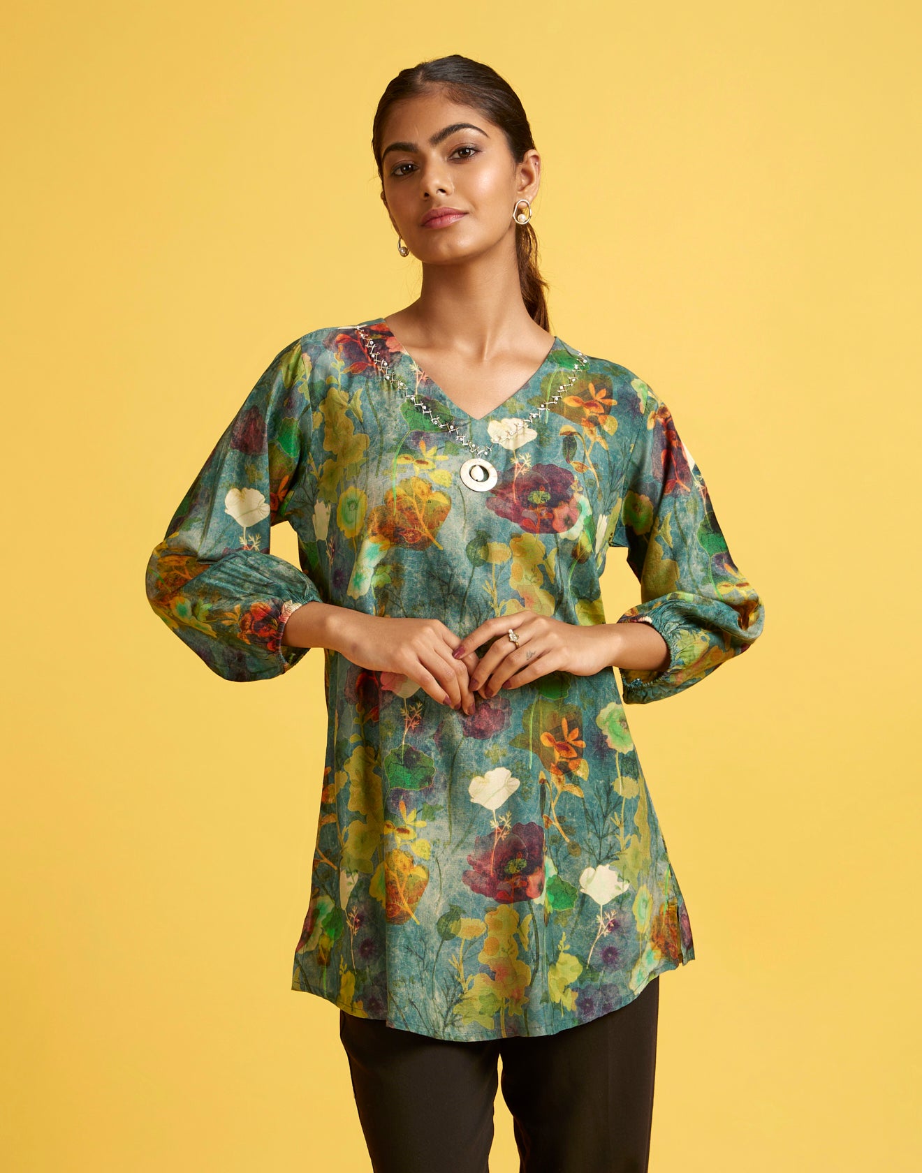 Mid-Green Floral Printed Crepe Tunic Top