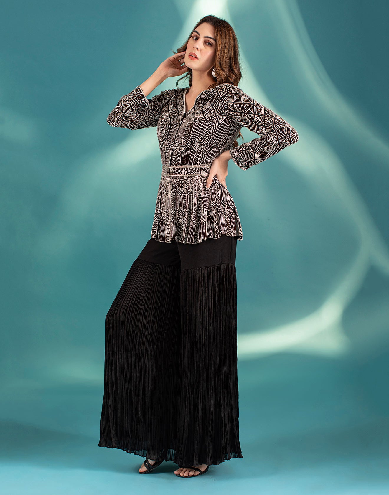 Midnight Black Jacket With Flared Palazzo Pant