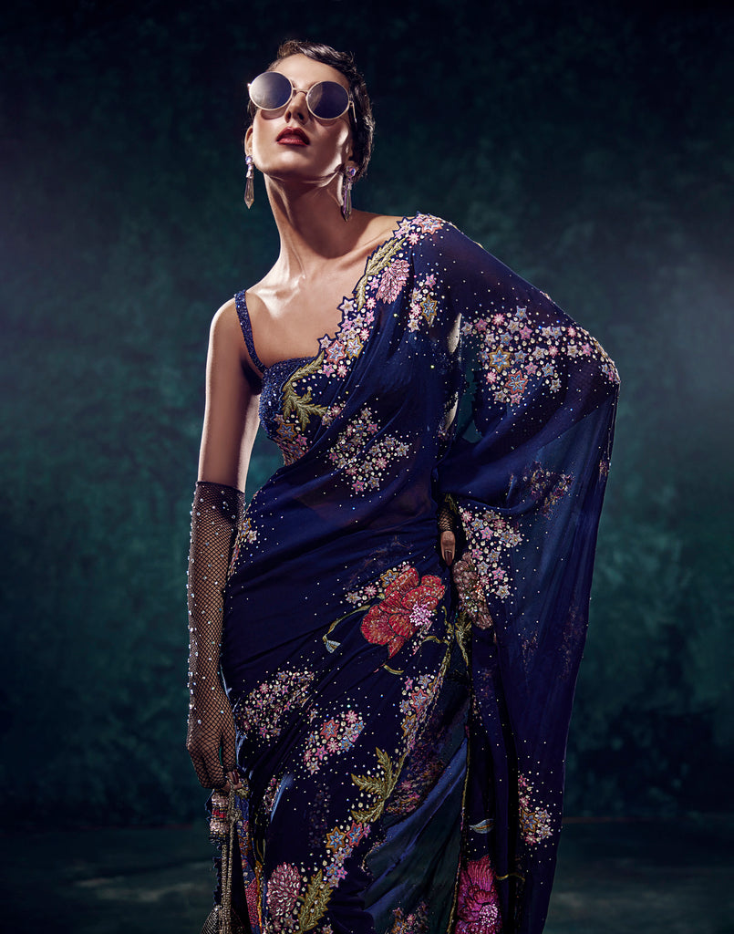 Buy Midnight Blue Embellished Saree With Sequin Blouse – Roopkala