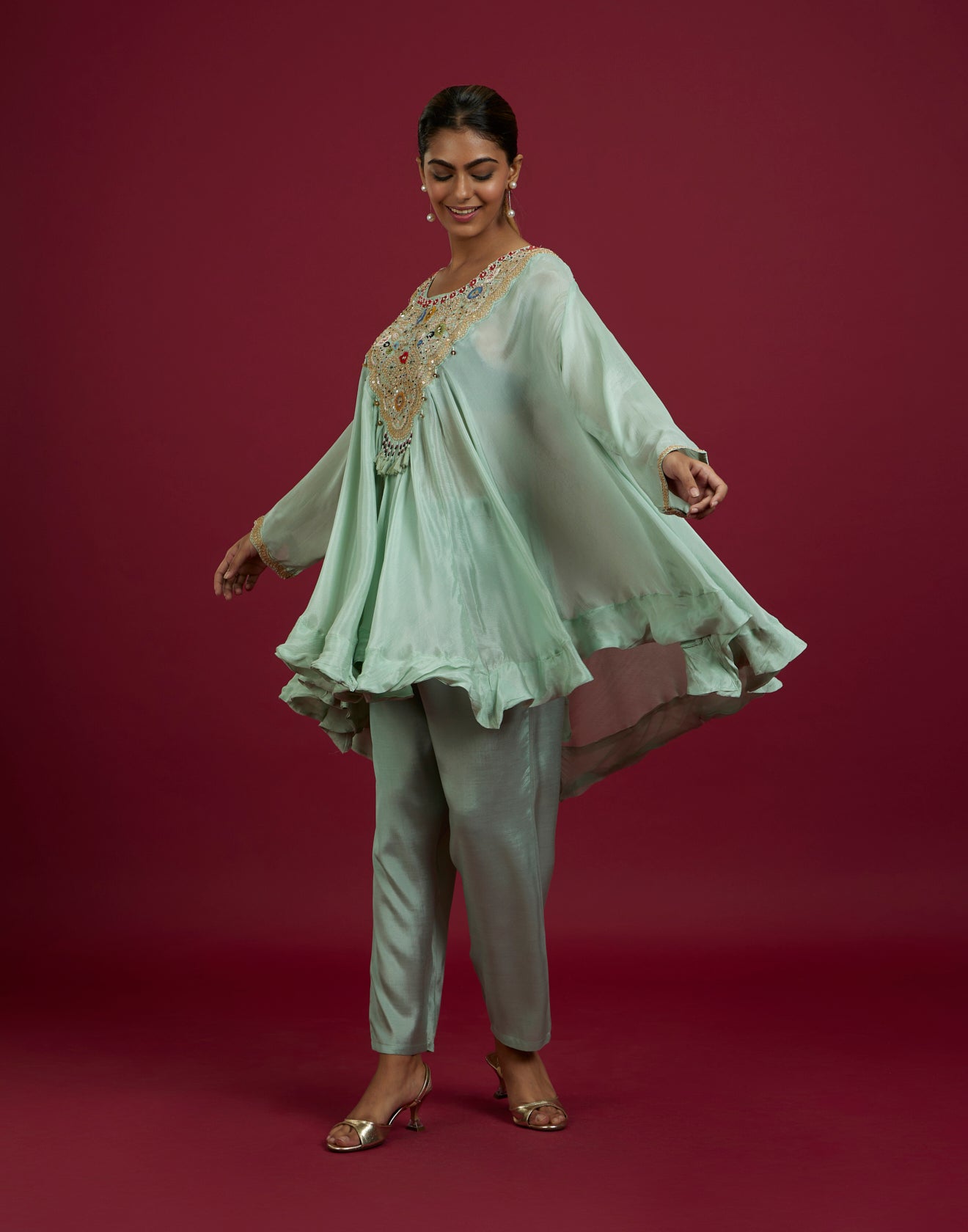 Mint Green Umbrella Cut Festive Embroidered Co-Ord Kurta Set