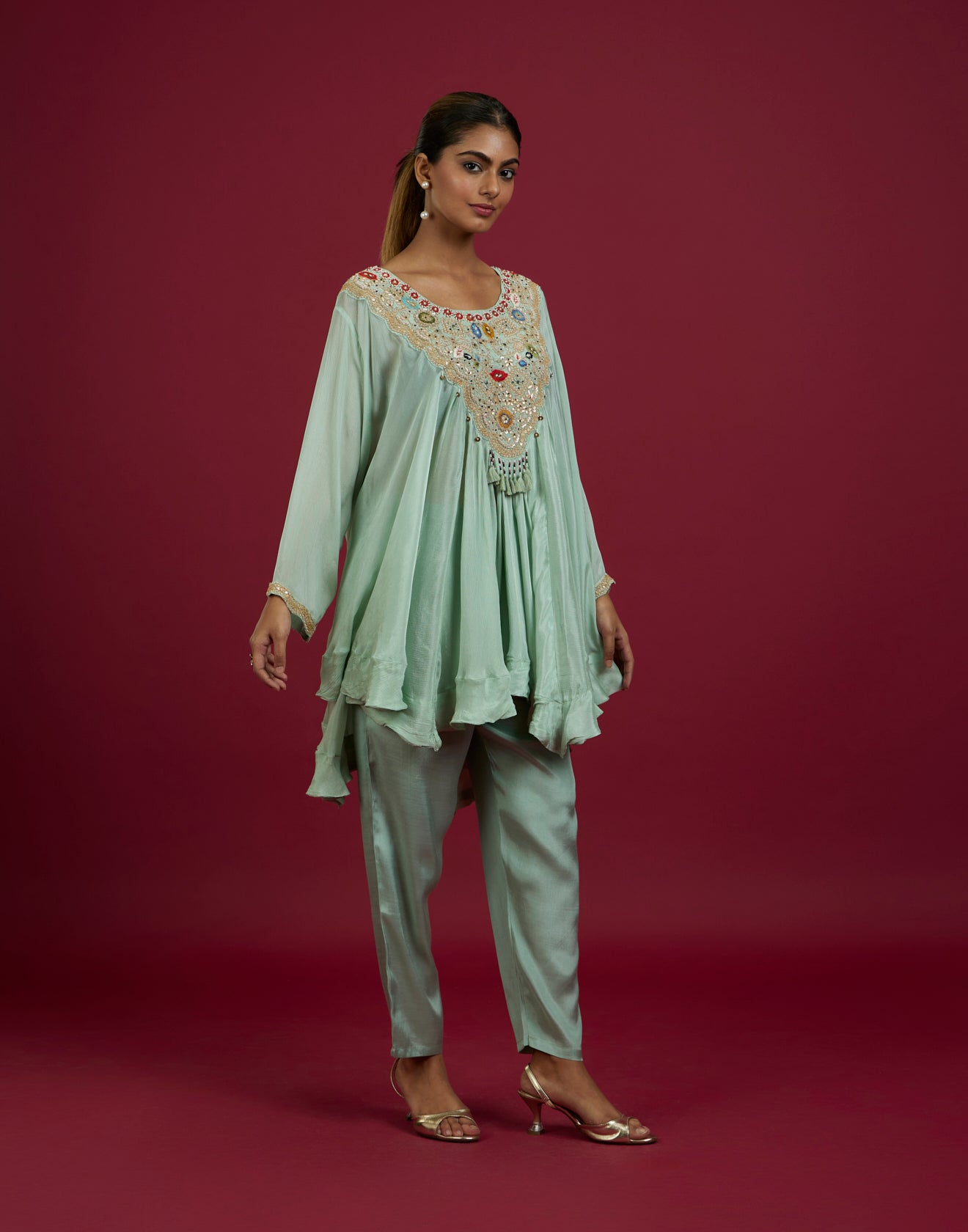 Mint Green Umbrella Cut Festive Embroidered Co-Ord Kurta Set