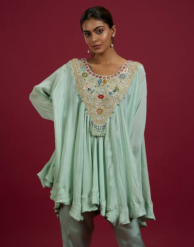 Mint Green Umbrella Cut Festive Embroidered Co-Ord Kurta Set