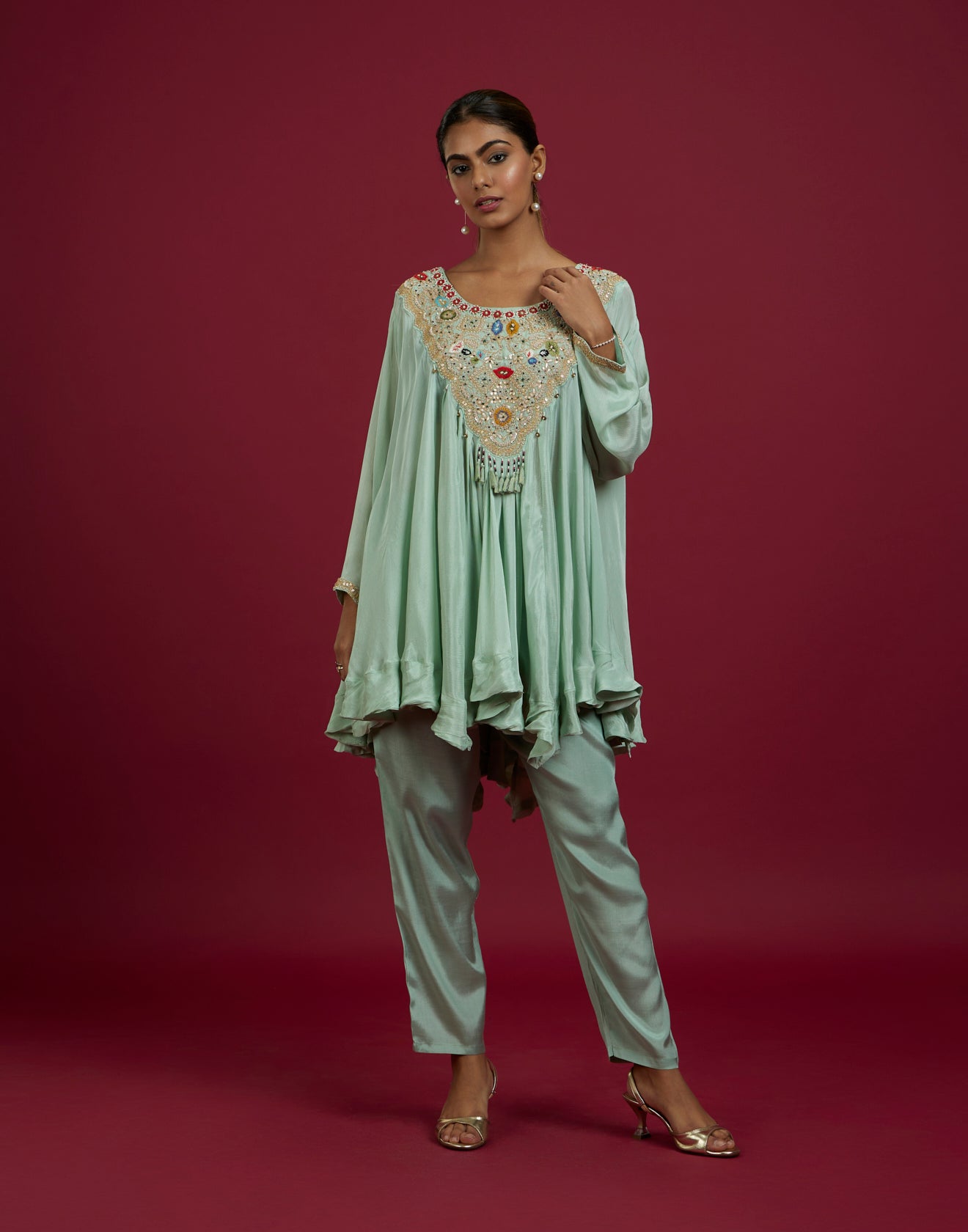 Mint Green Umbrella Cut Festive Embroidered Co-Ord Kurta Set