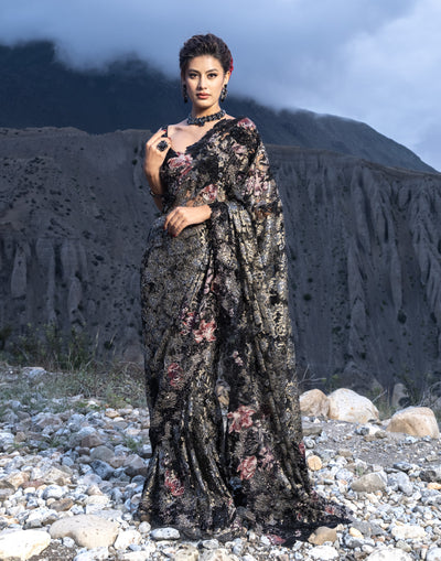 Mirk Black Lace Net Embellished Saree