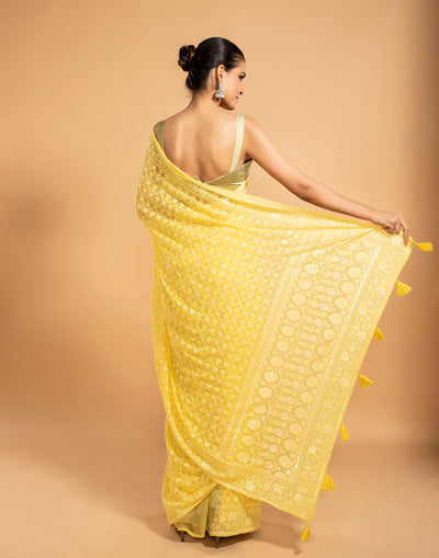 Misted Light Yellow Lucknowi Saree In Sequin Work