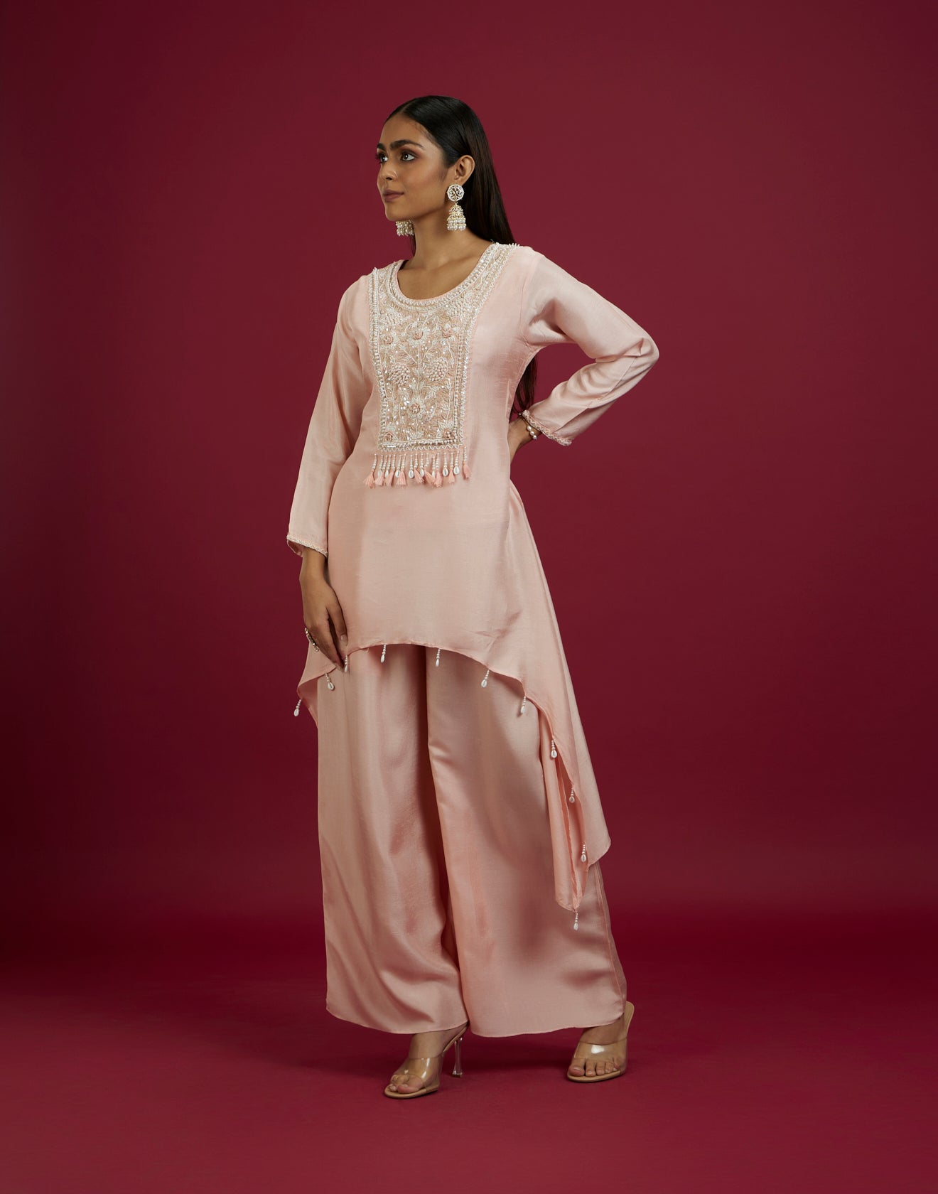 Misty Peach Embroidered Festive Asymmetric Co-Ord Kurta Set