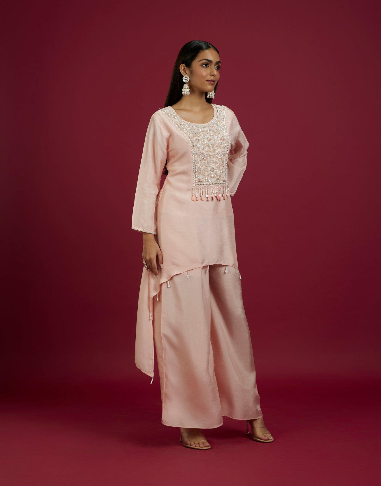 Misty Peach Embroidered Festive Asymmetric Co-Ord Kurta Set