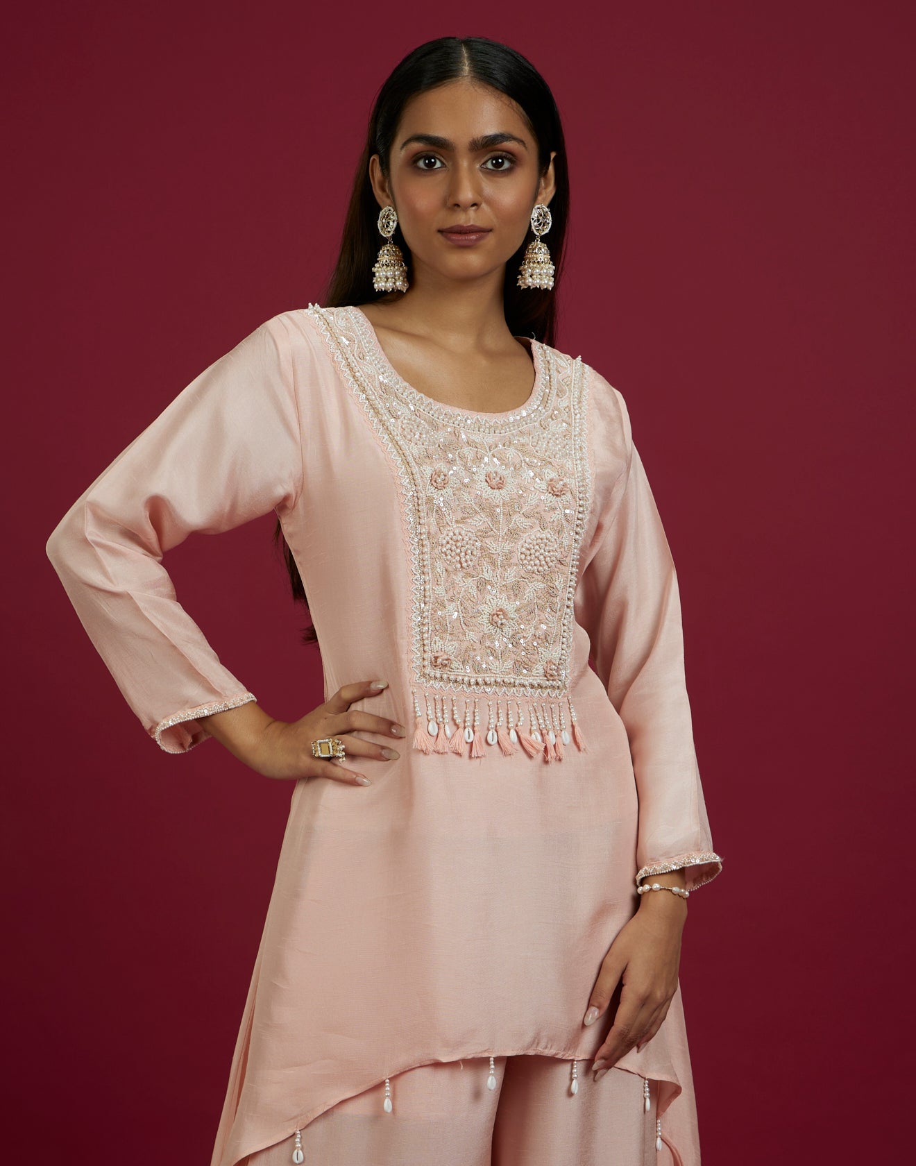 Misty Peach Embroidered Festive Asymmetric Co-Ord Kurta Set