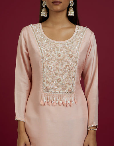 Misty Peach Embroidered Festive Asymmetric Co-Ord Kurta Set