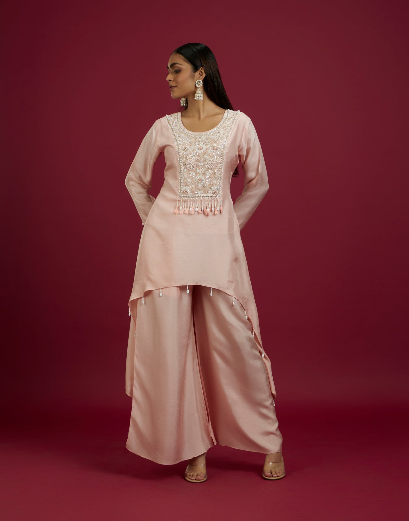 Misty Peach Embroidered Festive Asymmetric Co-Ord Kurta Set