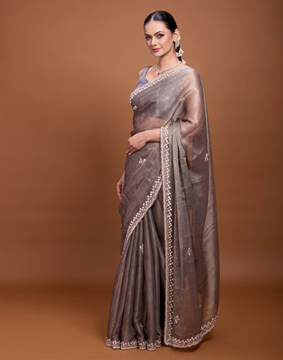 Mocha Brown Embellished Organza Saree