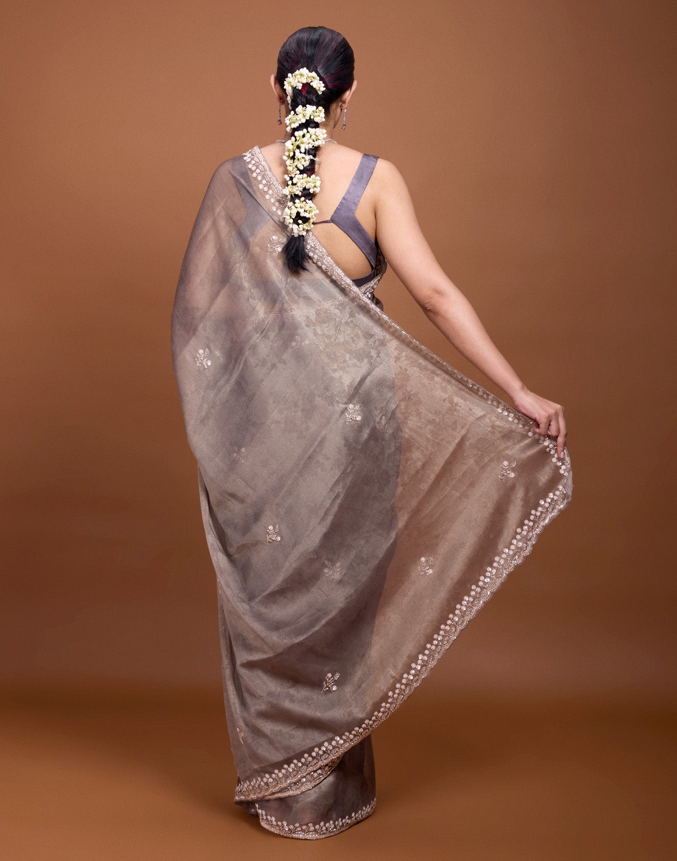 Mocha Brown Embellished Organza Saree