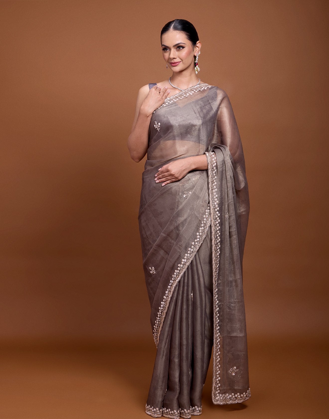 Mocha Brown Embellished Organza Saree