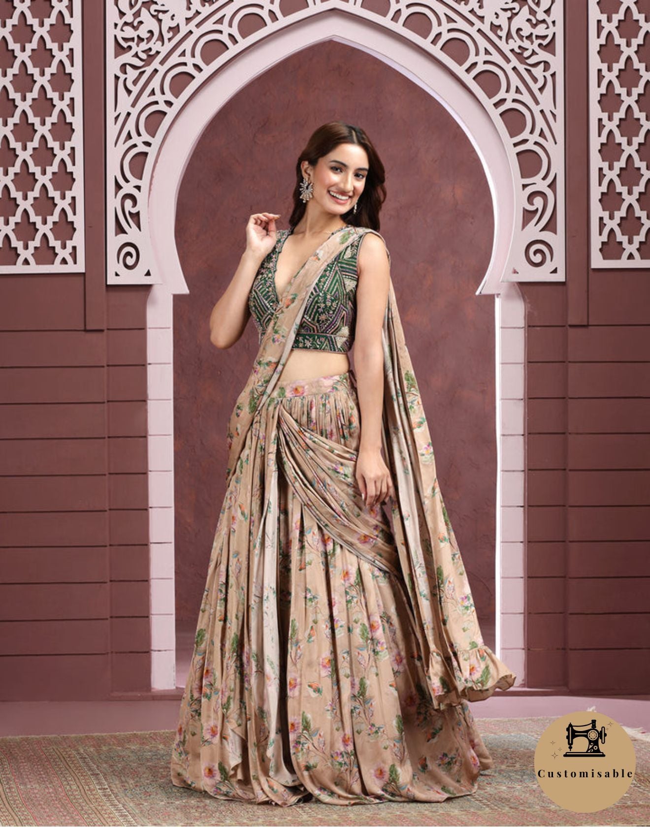 Mocha Musk Vintage Floral Printed Satin Lehenga Set