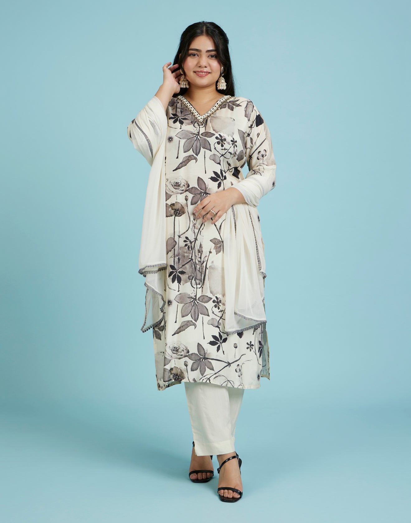 Monochromatic Gardenia Printed Kurta Set