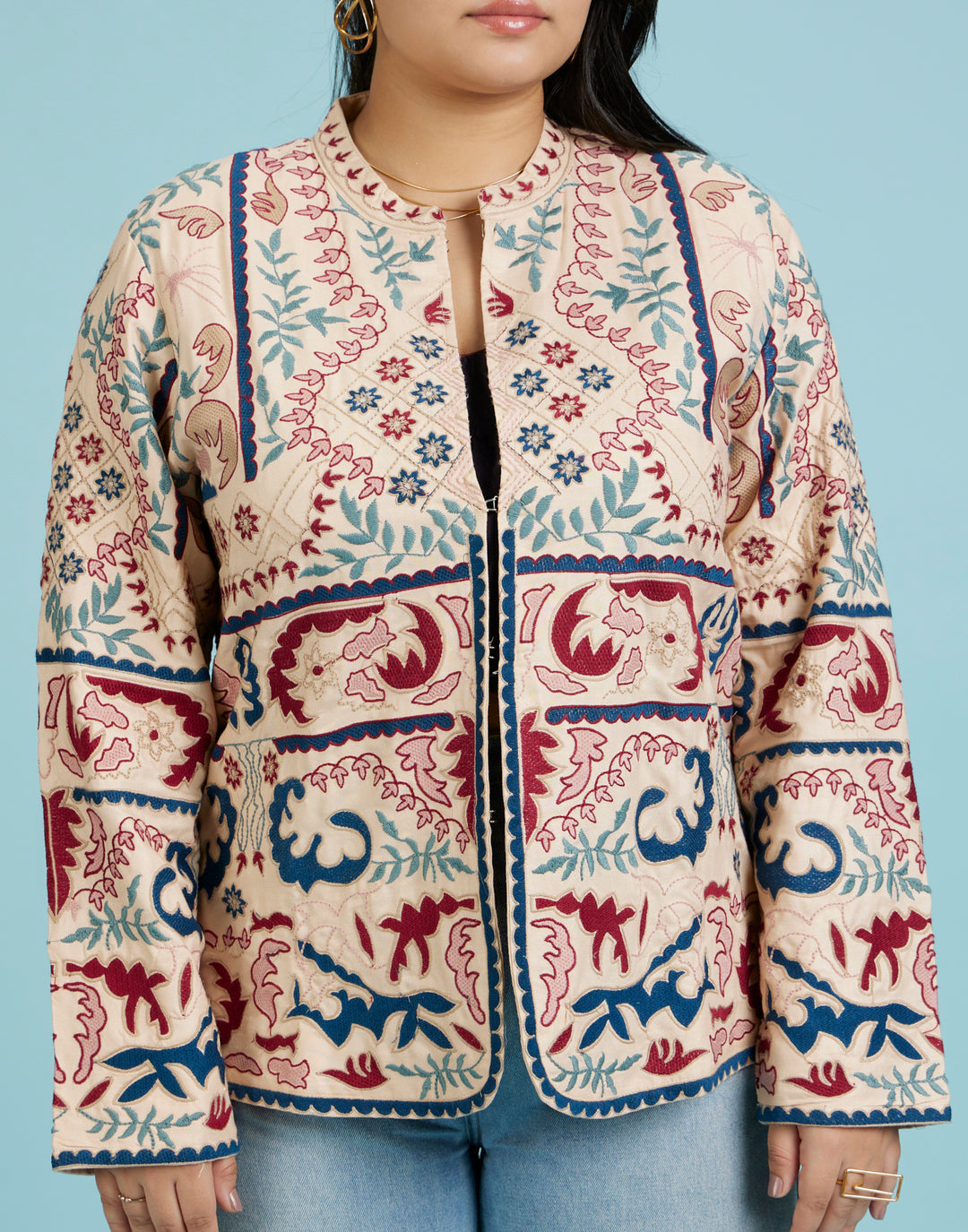 ジャケット・アウター Ethnic Embroided Design No Collar Jacket Ethnic Embroided Design No Collar Jacket