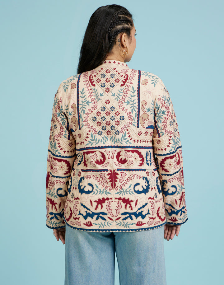 ジャケット・アウター Ethnic Embroided Design No Collar Jacket IC Collection Texture Woven High Neck Asymmetrical Hem One