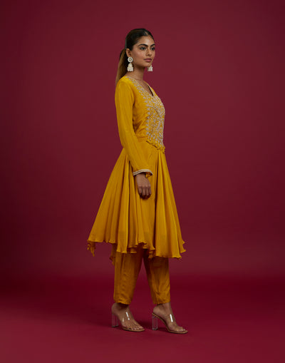 Mustard Yellow Festive Flared Silk Kurta Set