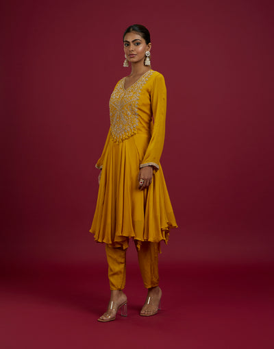 Mustard Yellow Festive Flared Silk Kurta Set