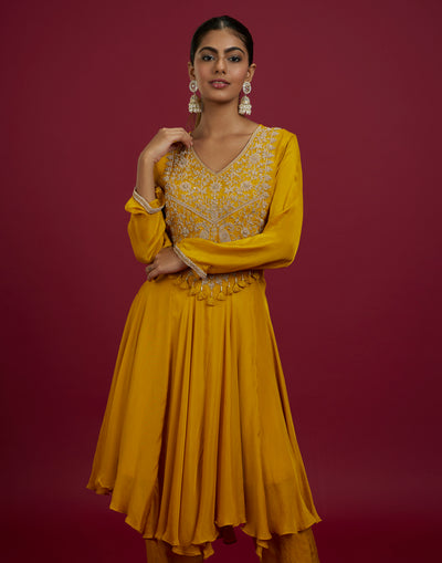 Mustard Yellow Festive Flared Silk Kurta Set