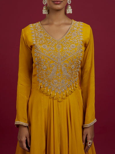 Mustard Yellow Festive Flared Silk Kurta Set