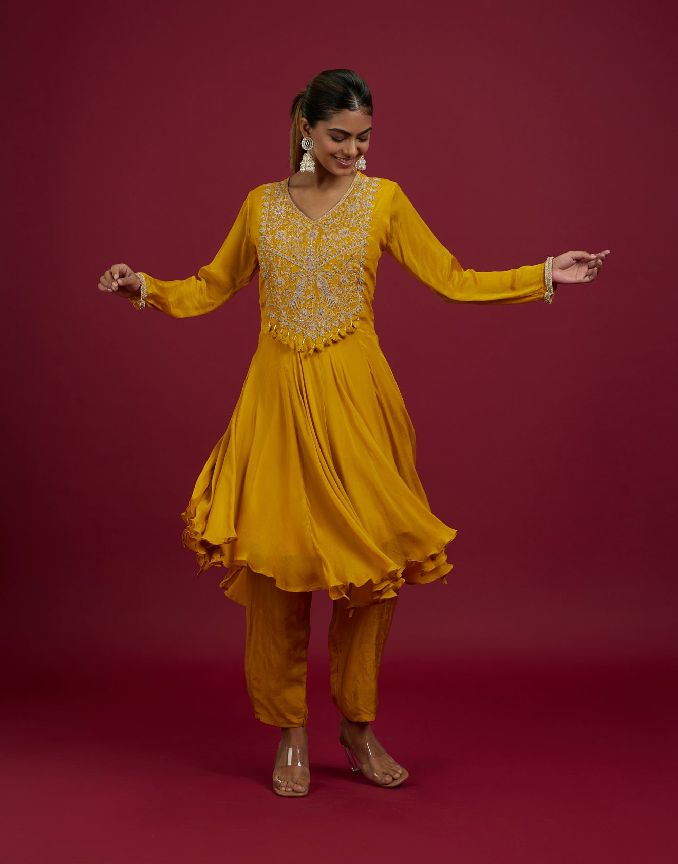 Mustard Yellow Festive Flared Silk Kurta Set