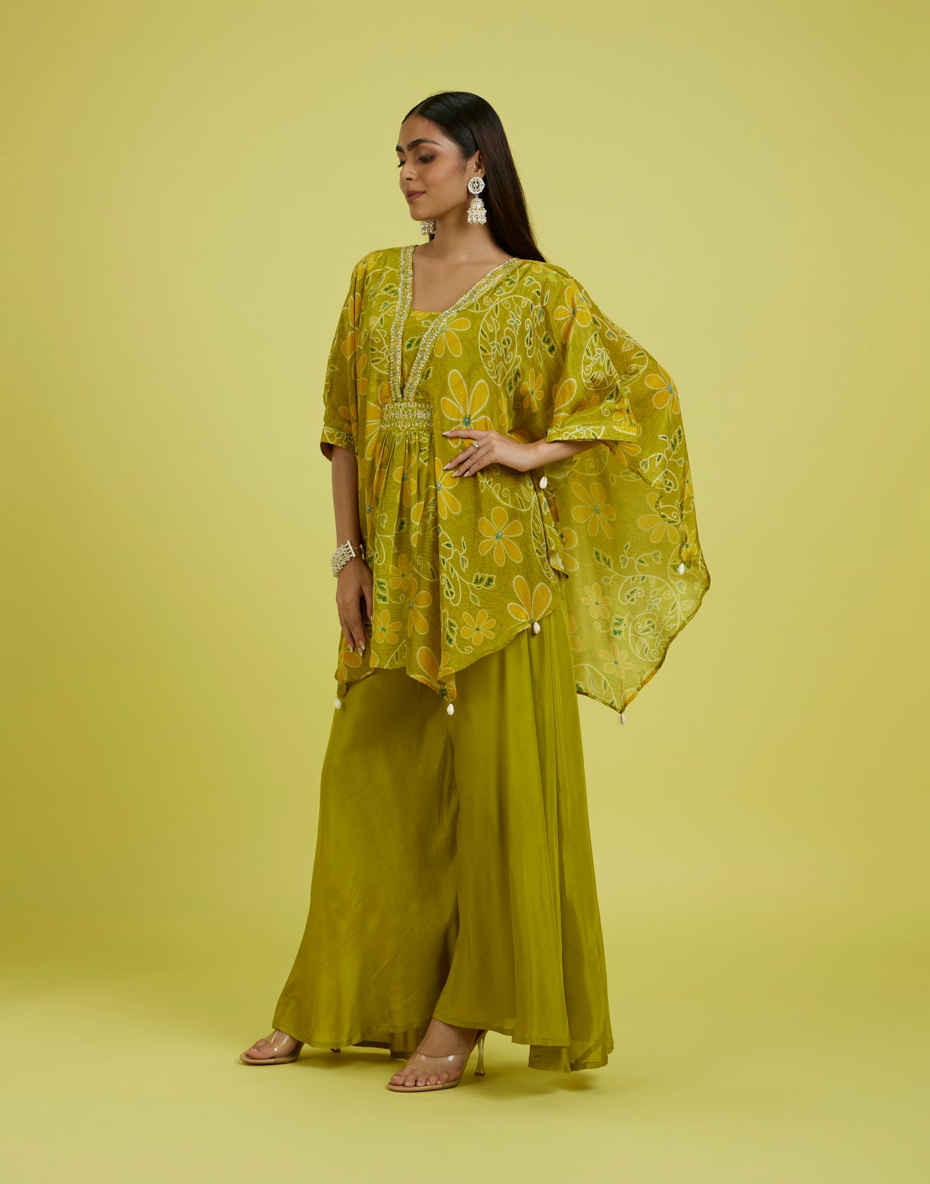 Mustard Yellow Floral Printed Butterfly Cut Co-Ord Kurta Set