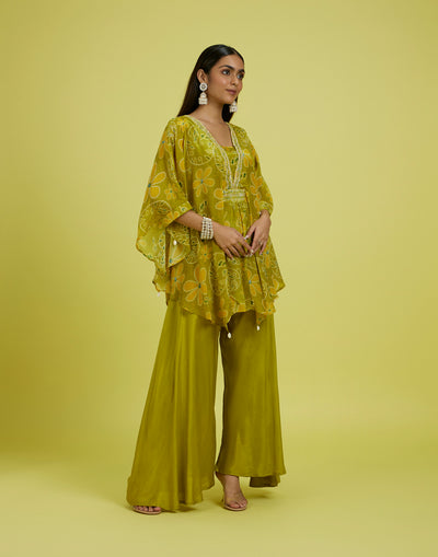 Mustard Yellow Floral Printed Butterfly Cut Co-Ord Kurta Set