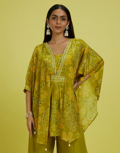 Mustard Yellow Floral Printed Butterfly Cut Co-Ord Kurta Set