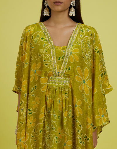 Mustard Yellow Floral Printed Butterfly Cut Co-Ord Kurta Set