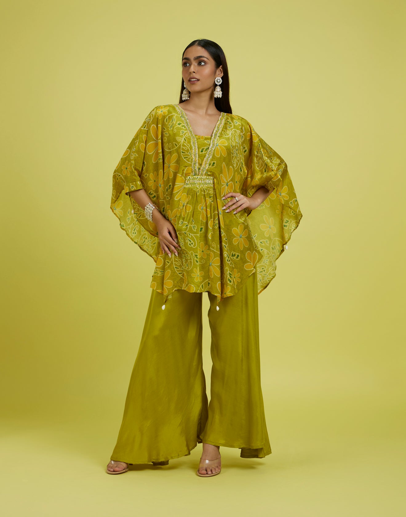 Mustard Yellow Floral Printed Butterfly Cut Co-Ord Kurta Set