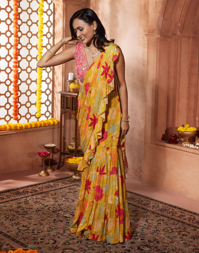 Mustard Yellow Floral Printed Chiffon Sharara Set