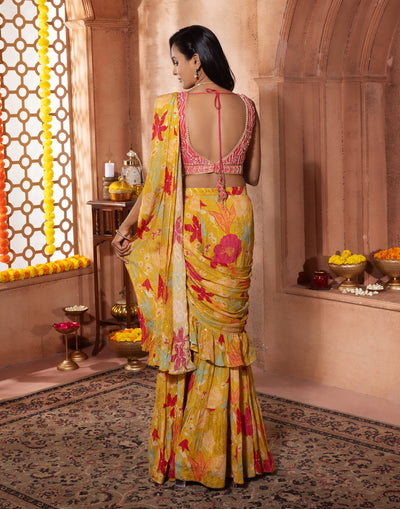 Mustard Yellow Floral Printed Chiffon Sharara Set