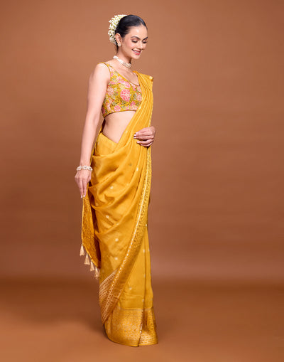 Mustard Yellow Floral Weave Silk Saree