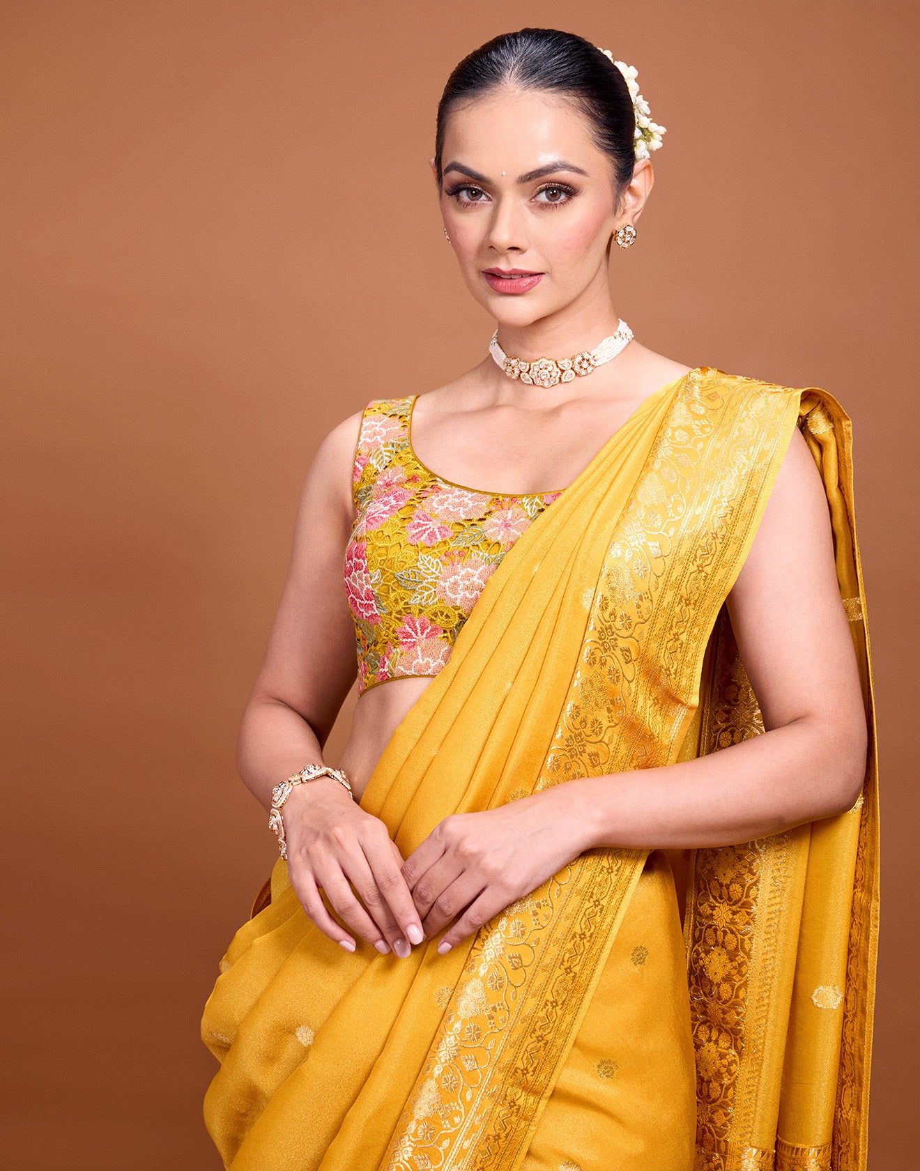 Mustard Yellow Floral Weave Silk Saree